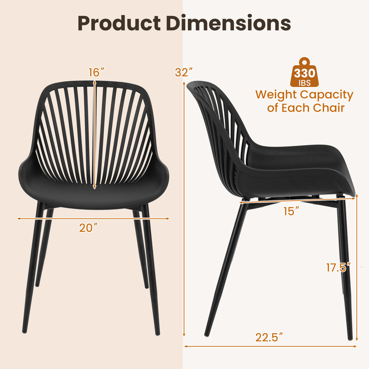 Modern Dining Chair with Metal Legs, Curved Seat - Black