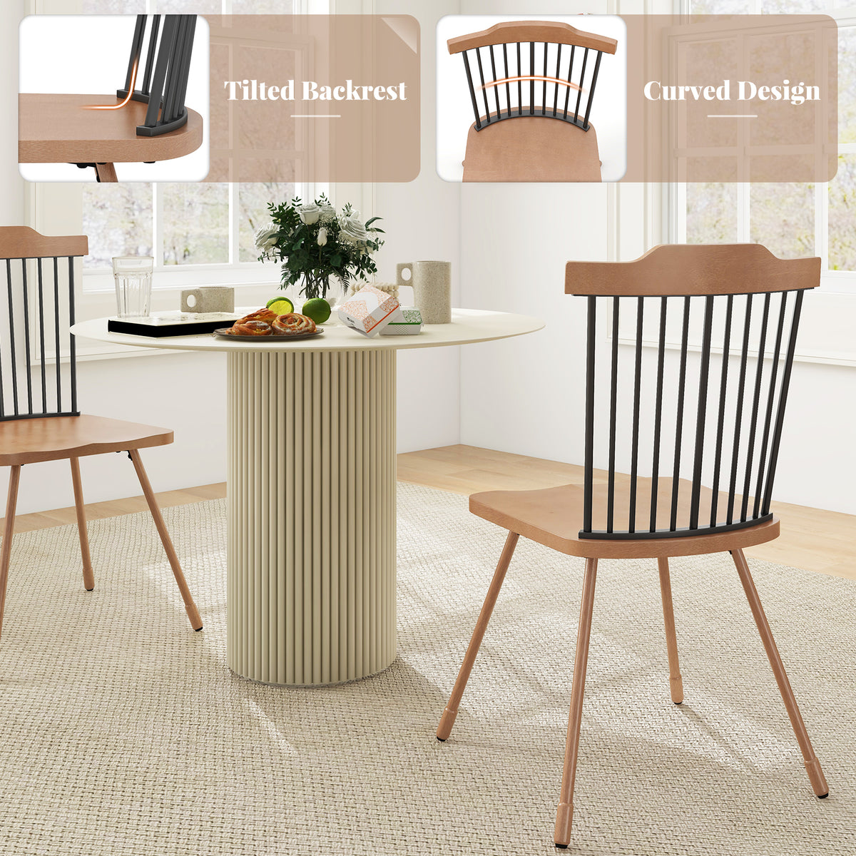 Dining Chair with Spindle Back, Ergonomic Seat – Set of 2, Natural