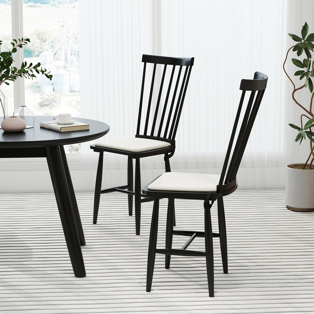 Dining Chairs Set of 2 Farmhouse Windsor with Cushion Seat - Black