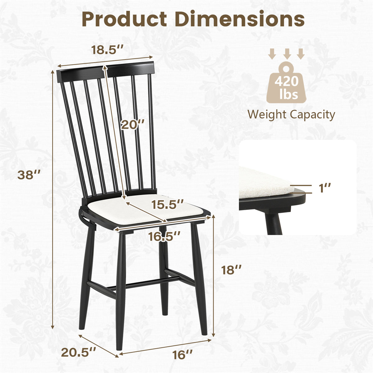 Dining Chairs Set of 2 Farmhouse Windsor with Cushion Seat - Black