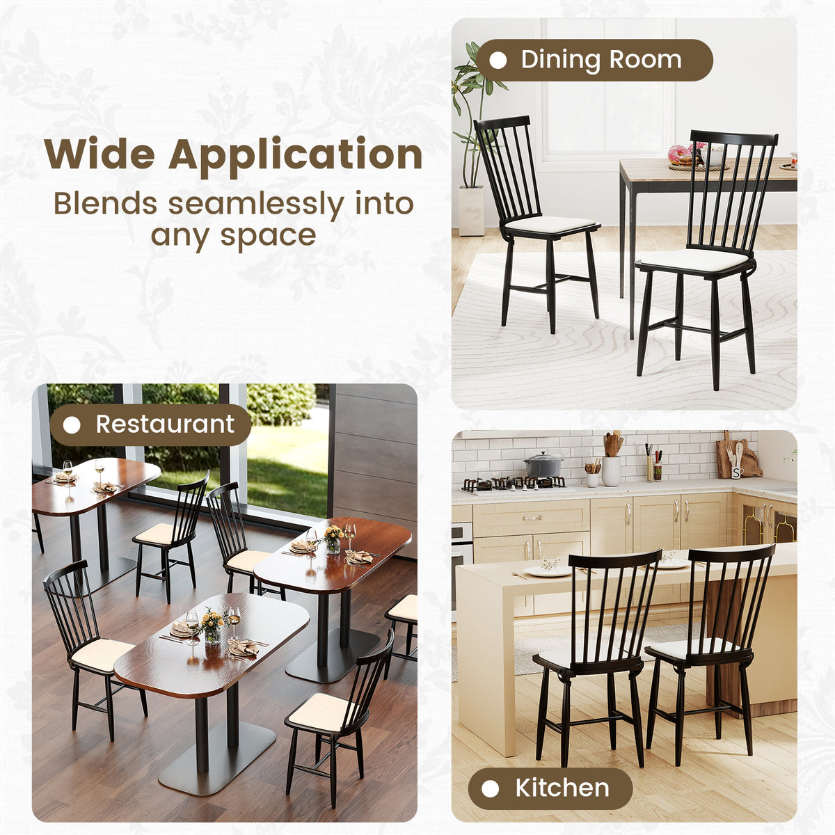 Dining Chairs Set of 2 Farmhouse Windsor with Cushion Seat - Black