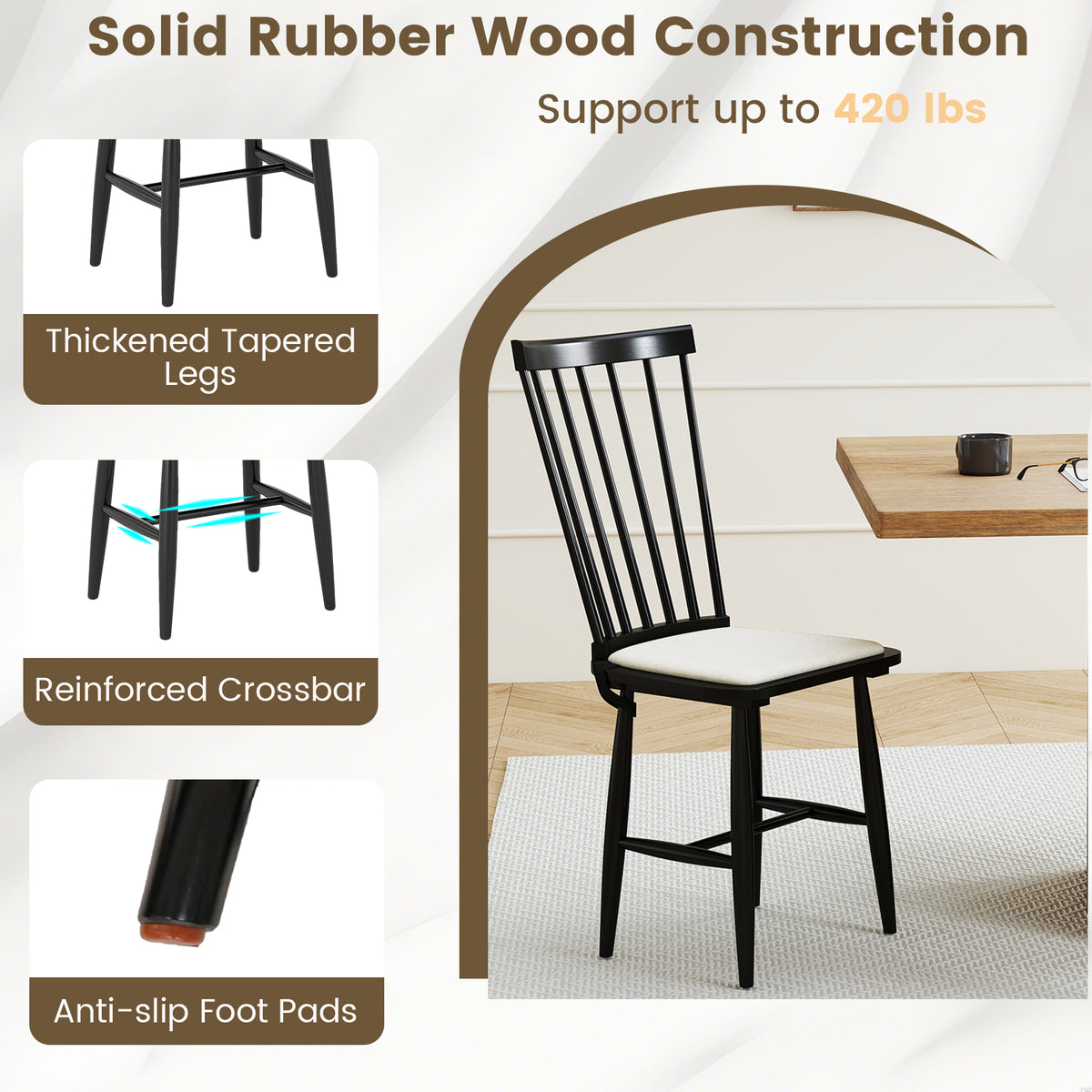Dining Chairs Set of 2 Farmhouse Windsor with Cushion Seat - Black