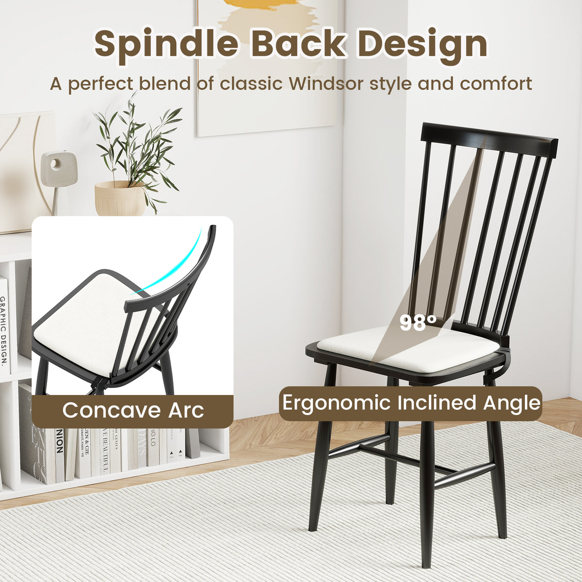 Dining Chairs Set of 2 Farmhouse Windsor with Cushion Seat - Black