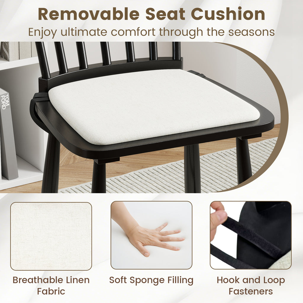 Dining Chairs Set of 2 Farmhouse Windsor with Cushion Seat - Black