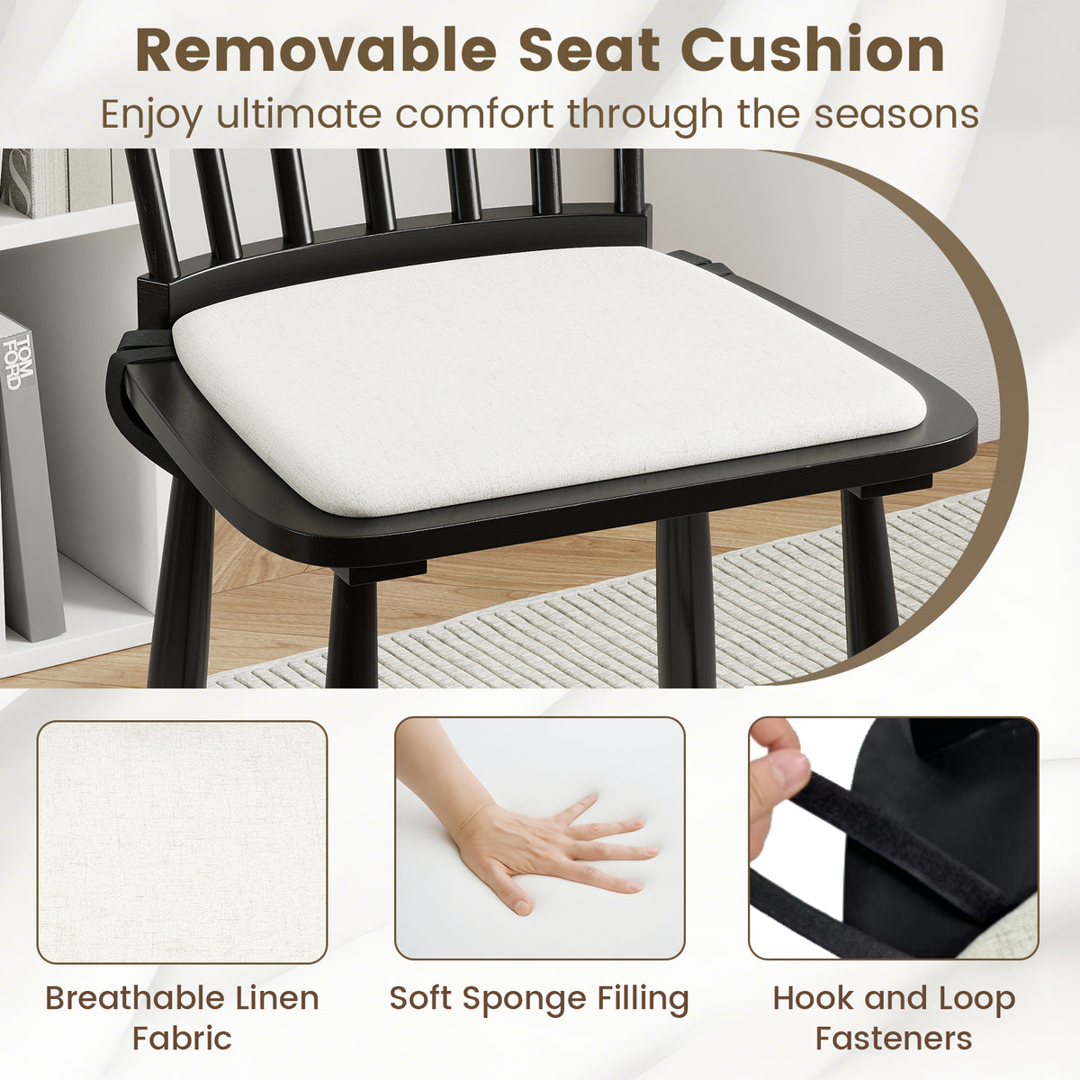 Dining Chairs Set of 2 Farmhouse Windsor with Cushion Seat - Black
