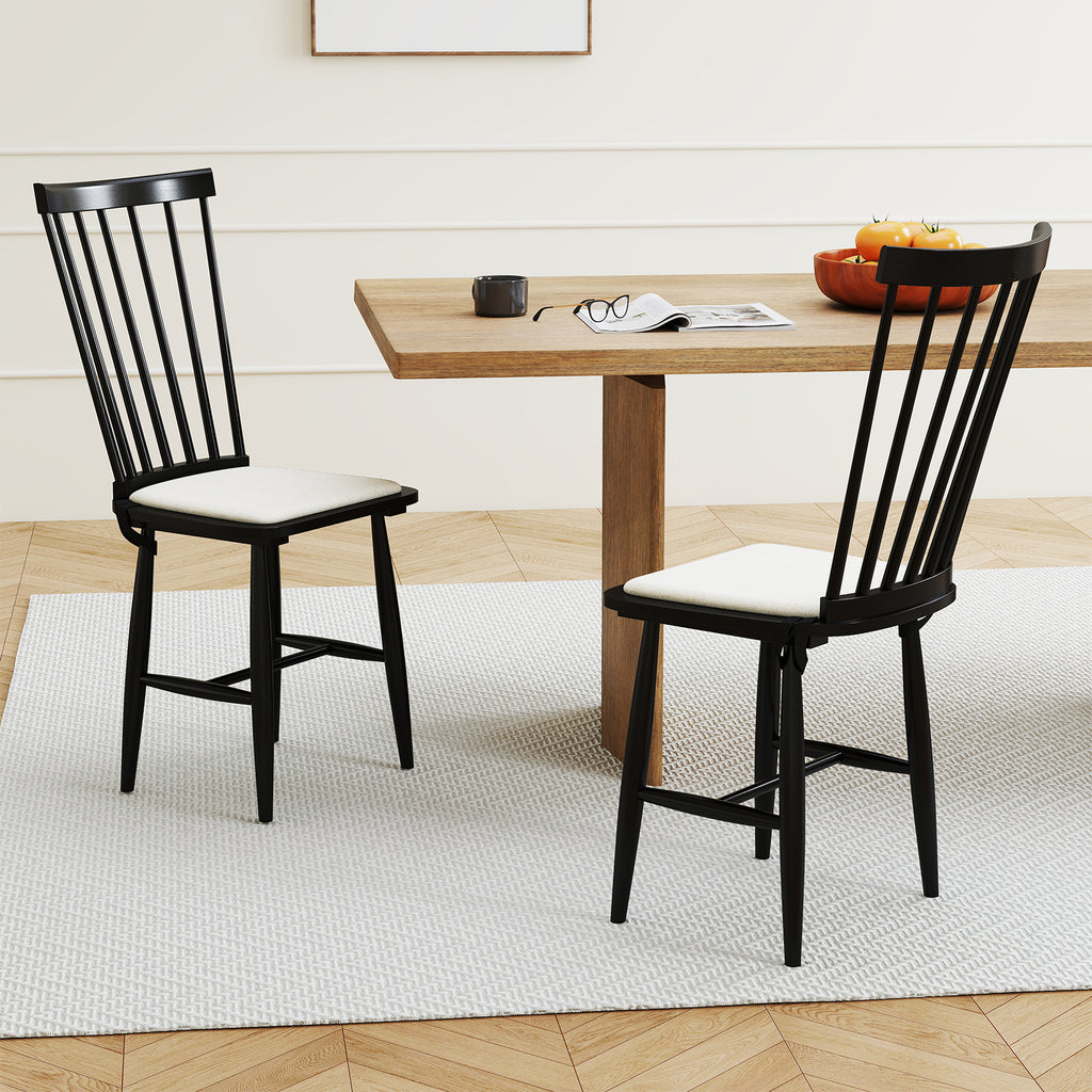 Dining Chairs Set of 2 Farmhouse Windsor with Cushion Seat - Black