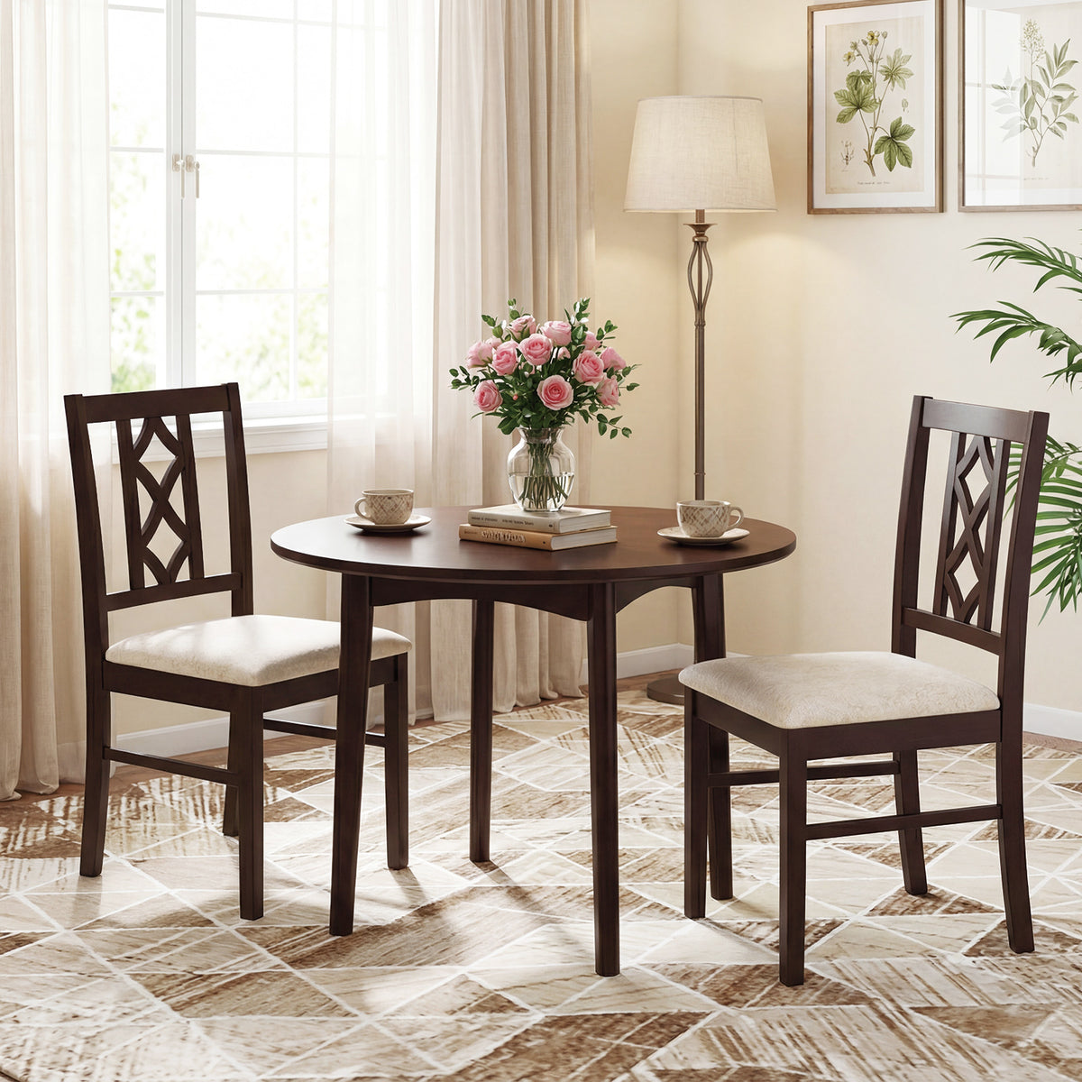 Dining Chairs Set of 2 - Rubber Wood with Hollowed Backrest, Black-Walnut