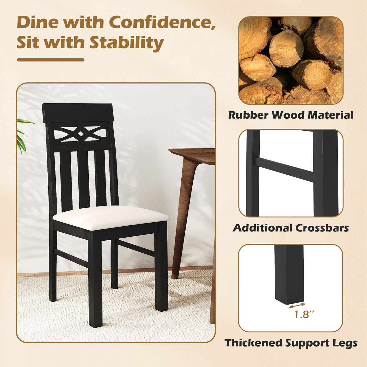 Dining Chairs Set of 2 High Back with Padded Seat - Design B, Black