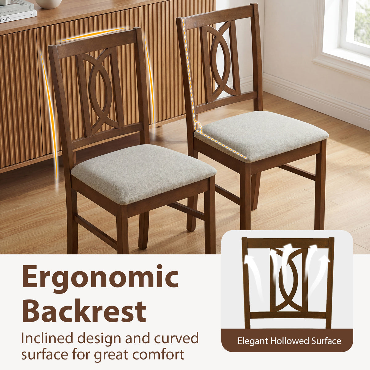 Dining Chairs Set of 2, Rubber Wood with Hollowed Backrest - Walnut