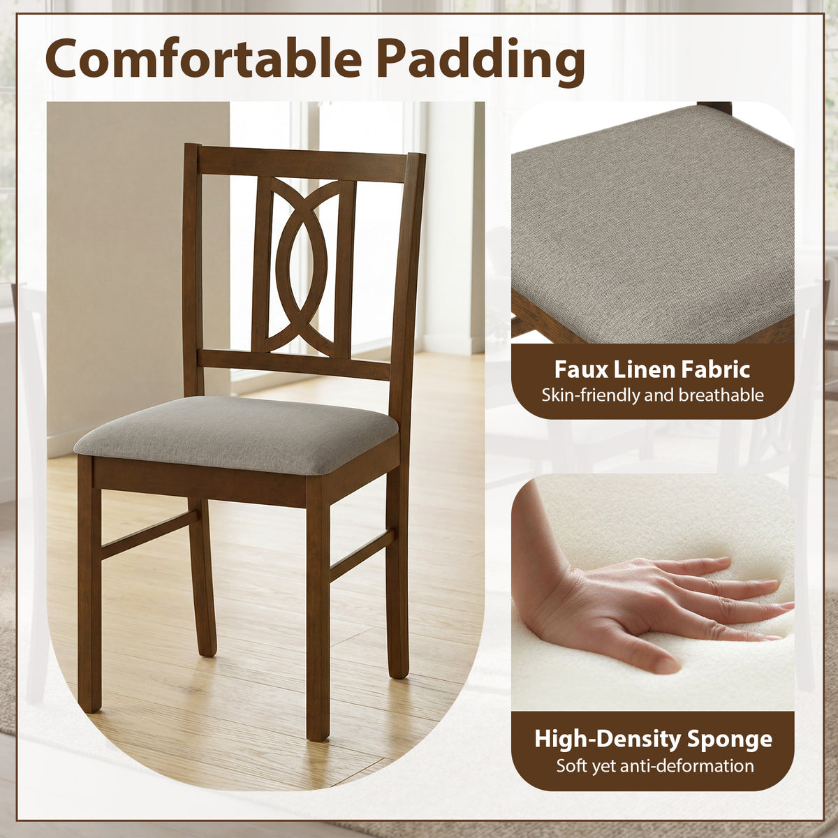 Dining Chairs Set of 2, Rubber Wood with Hollowed Backrest - Walnut