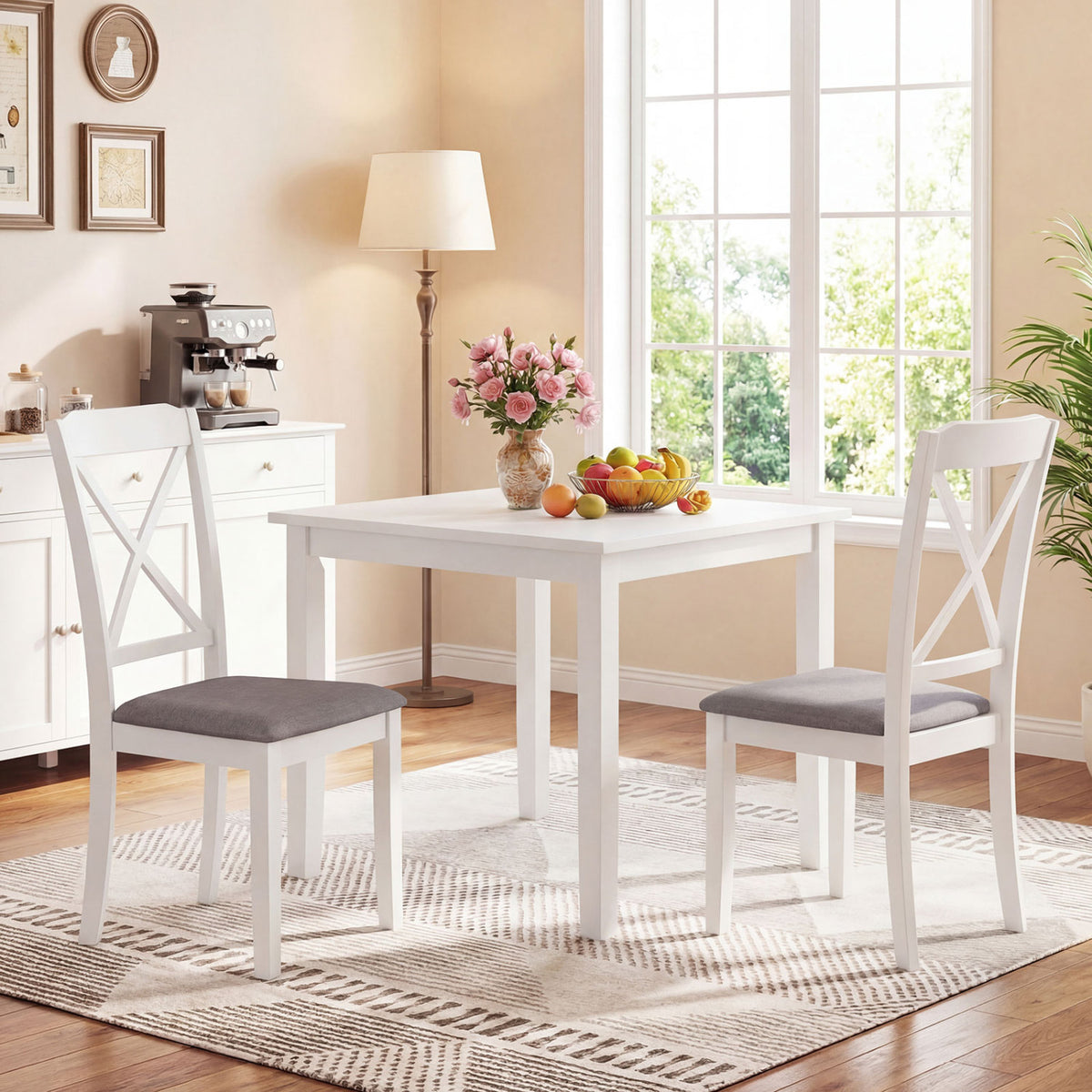 Dining Chairs Set of 2, White - Rubber Wood with Padded Seat