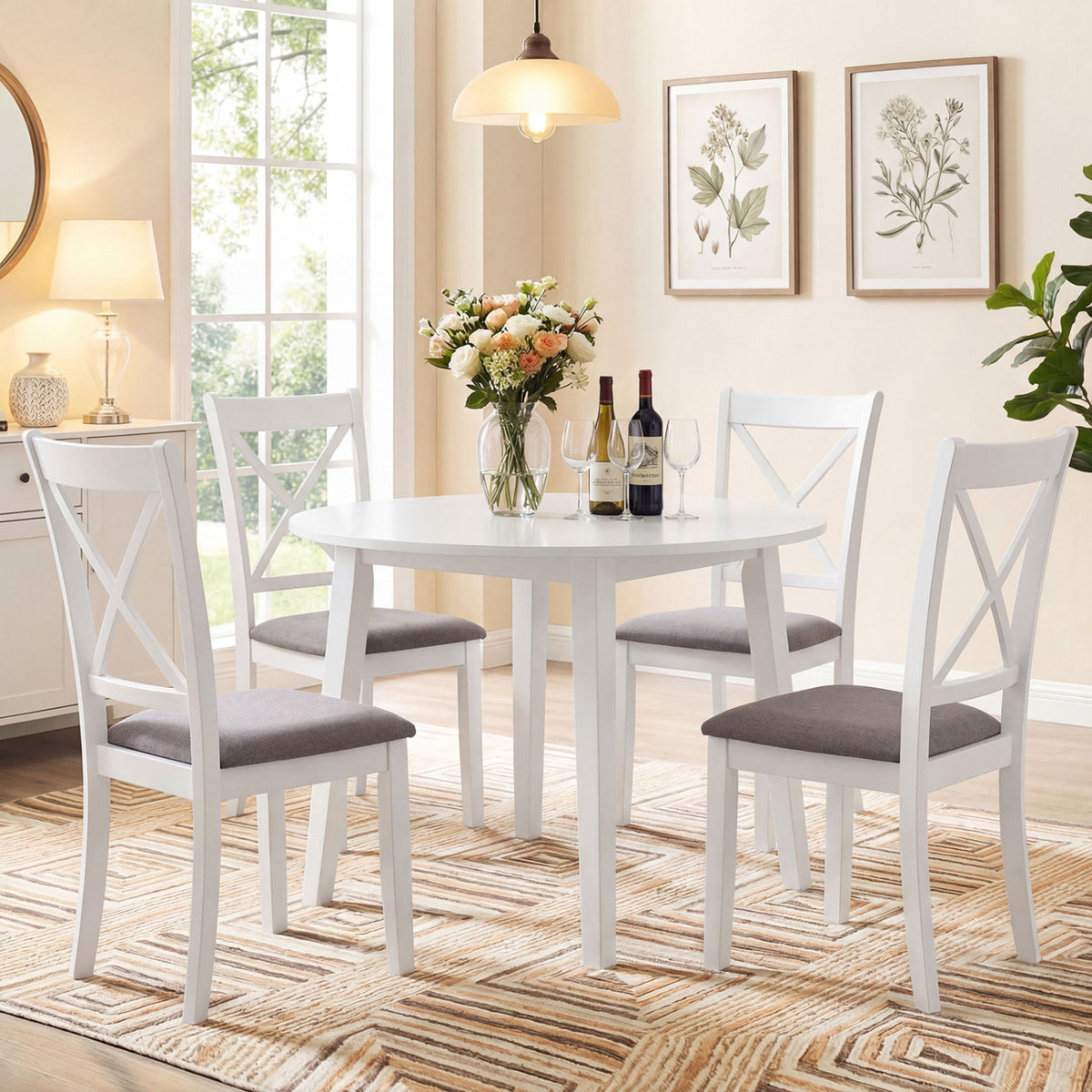 Dining Chairs Set of 2, White - Rubber Wood with Padded Seat