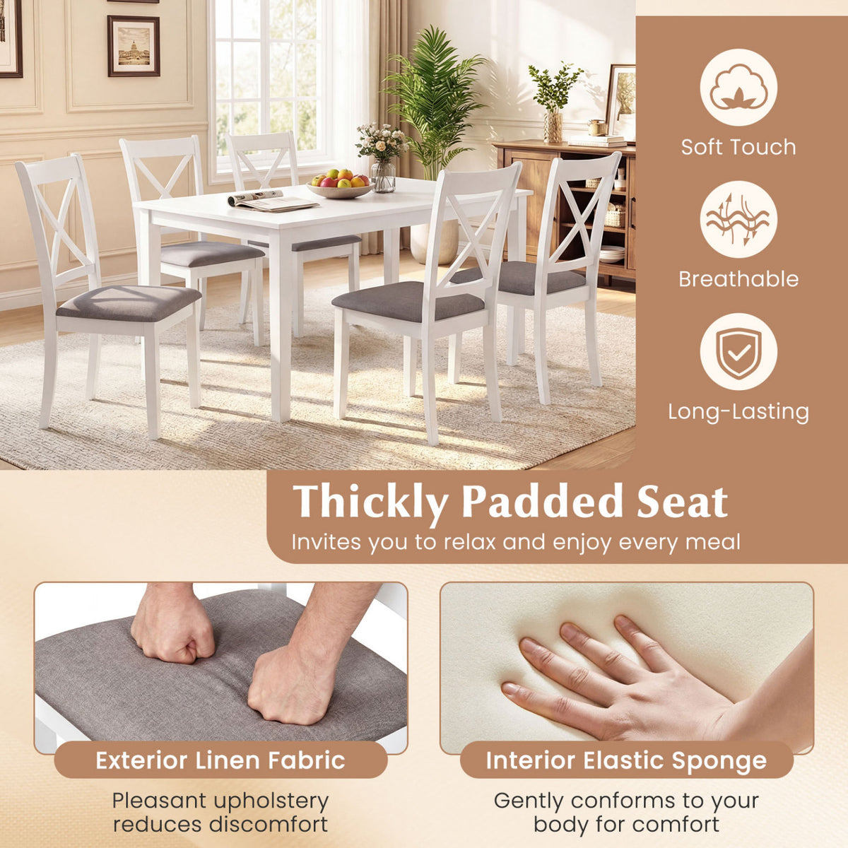 Dining Chairs Set of 4, Padded Seat, Rubber Wood – White