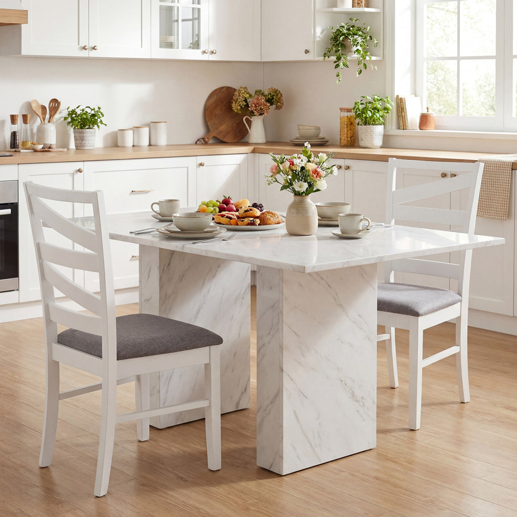 Dining Chairs Set of 4, White - Linen Upholstery, Wood Frames