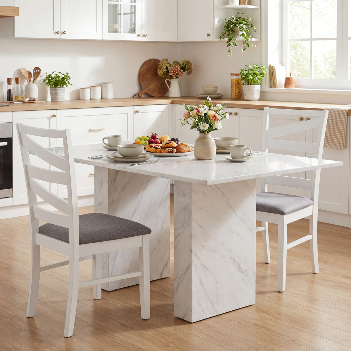 Dining Chairs Set of 4, White - Linen Upholstery, Wood Frames