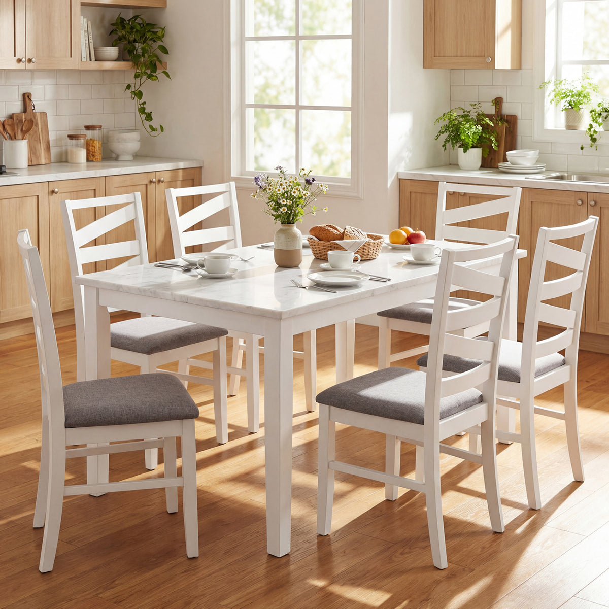 Dining Chairs Set of 4, White - Linen Upholstery, Wood Frames