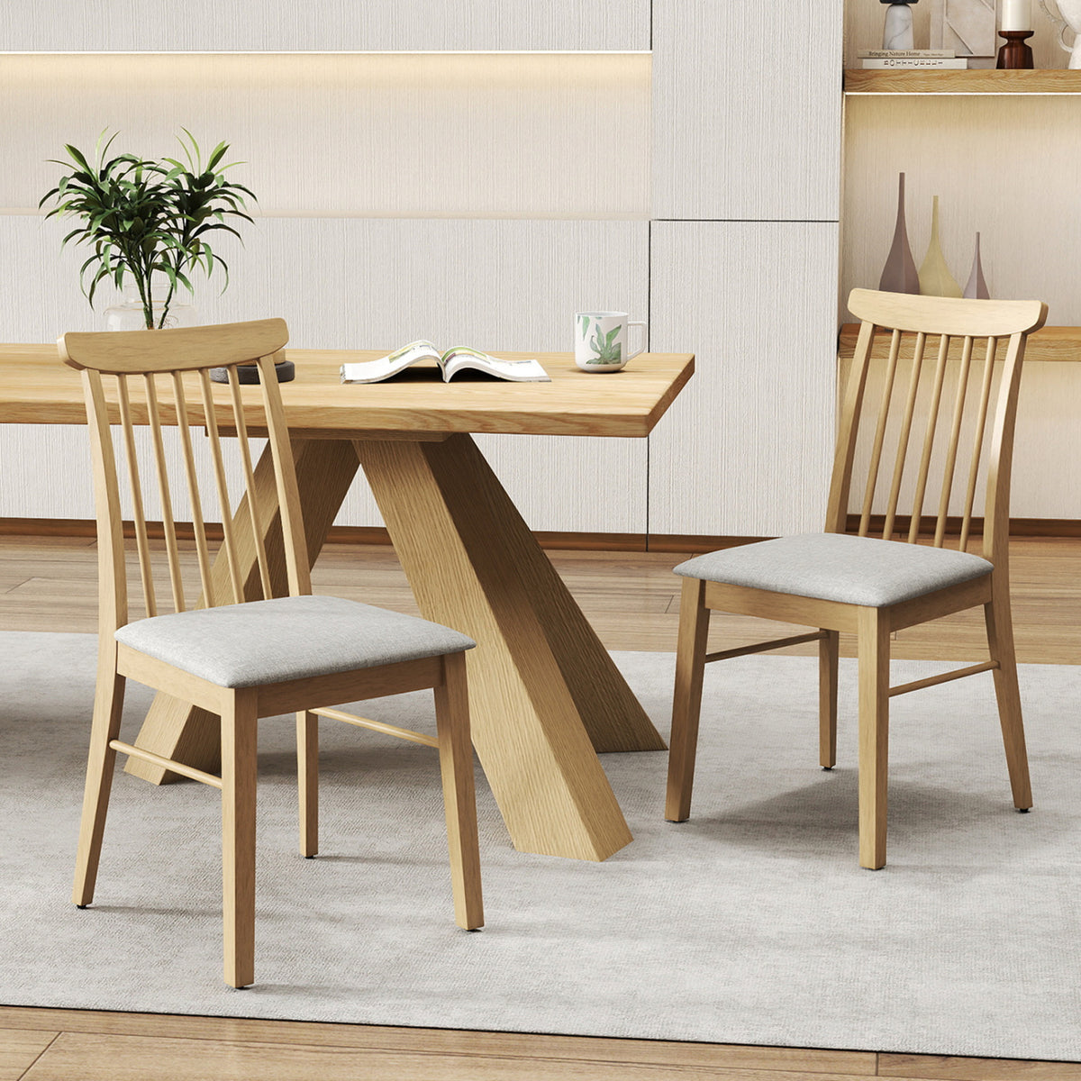 Dining Chairs Set of 4, Fabric Upholstered, Natural Wood