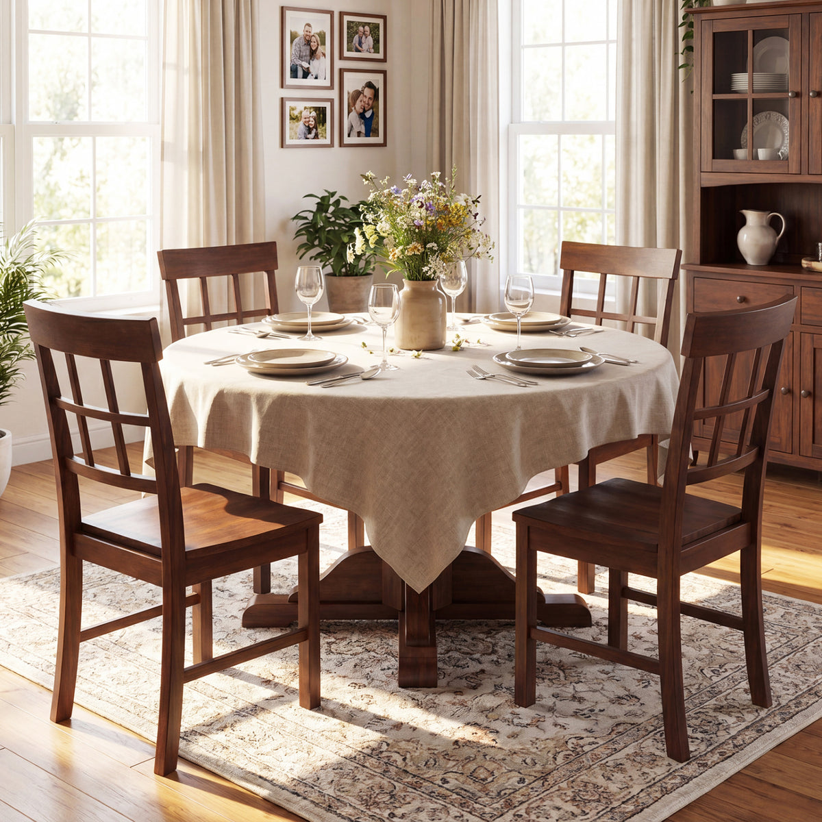 Rubber Wood Dining Chairs Set of 4, Dark Brown Windowpane Back