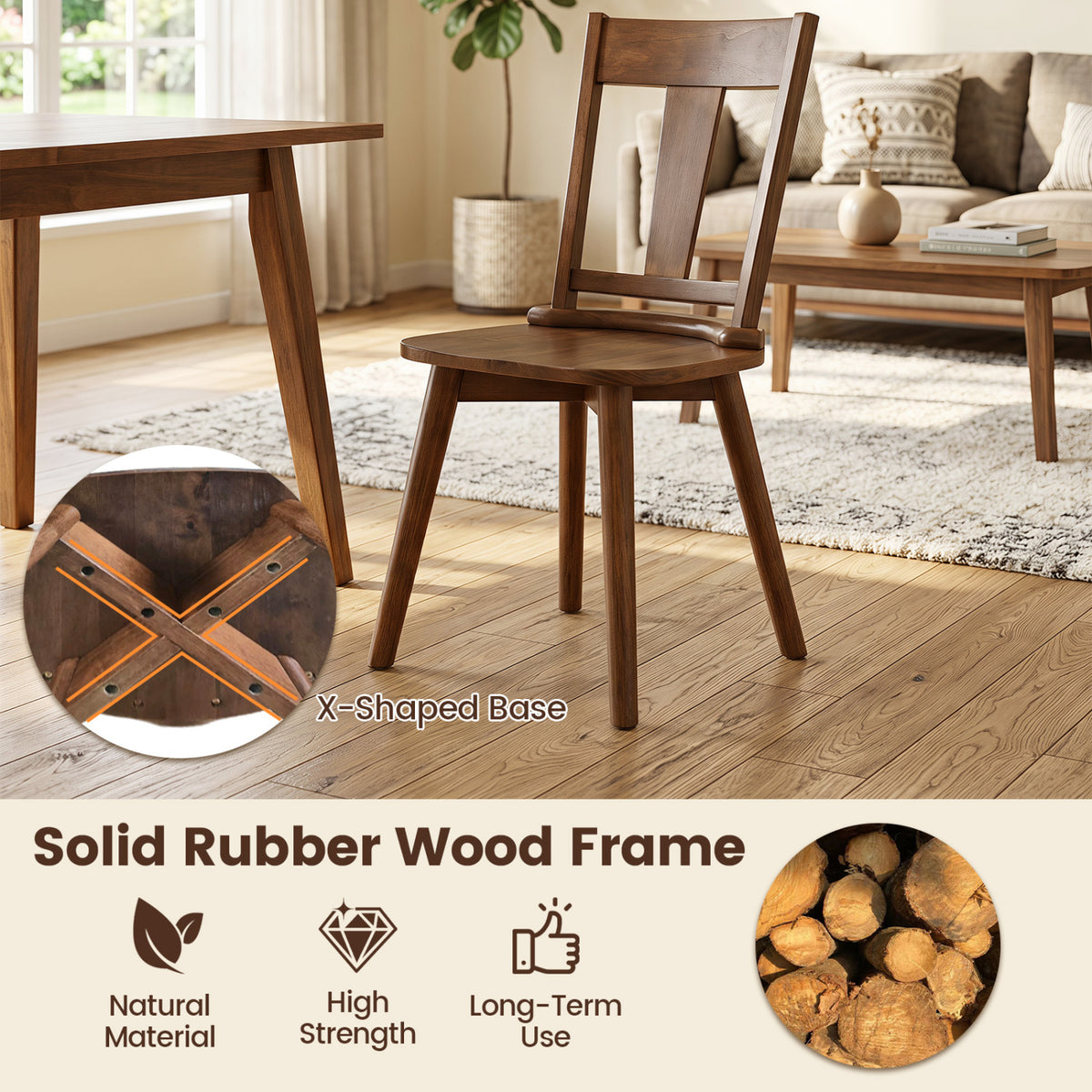 Dining Chairs Set of 2, Walnut - Wood Backrest