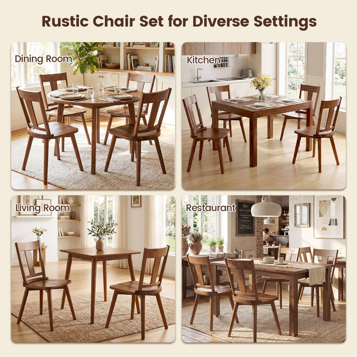 Dining Chairs Set of 4, Walnut - Solid Wood Backrest