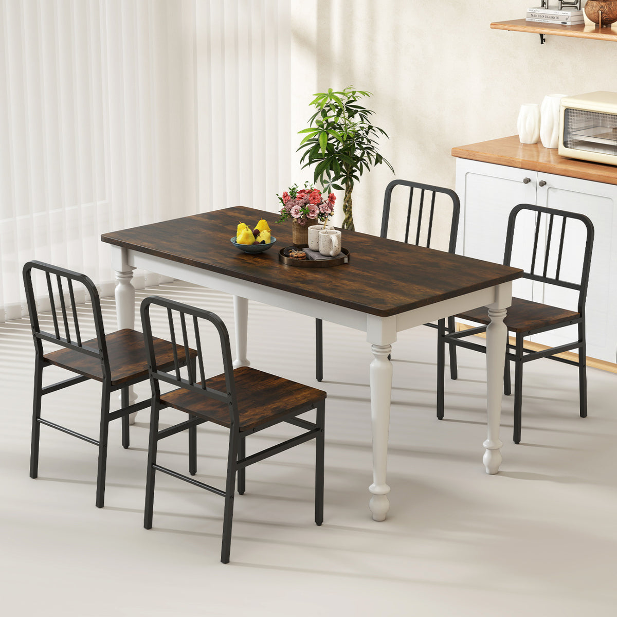 Dining Chairs Set of 4, Metal Frame & Wood Seat, Rustic Brown
