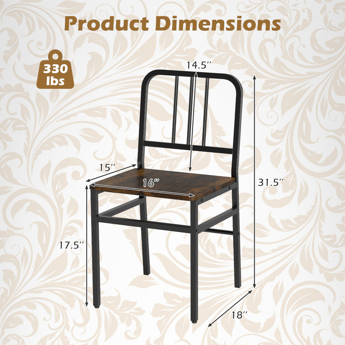 Dining Chairs Set of 4, Metal Frame & Wood Seat, Rustic Brown