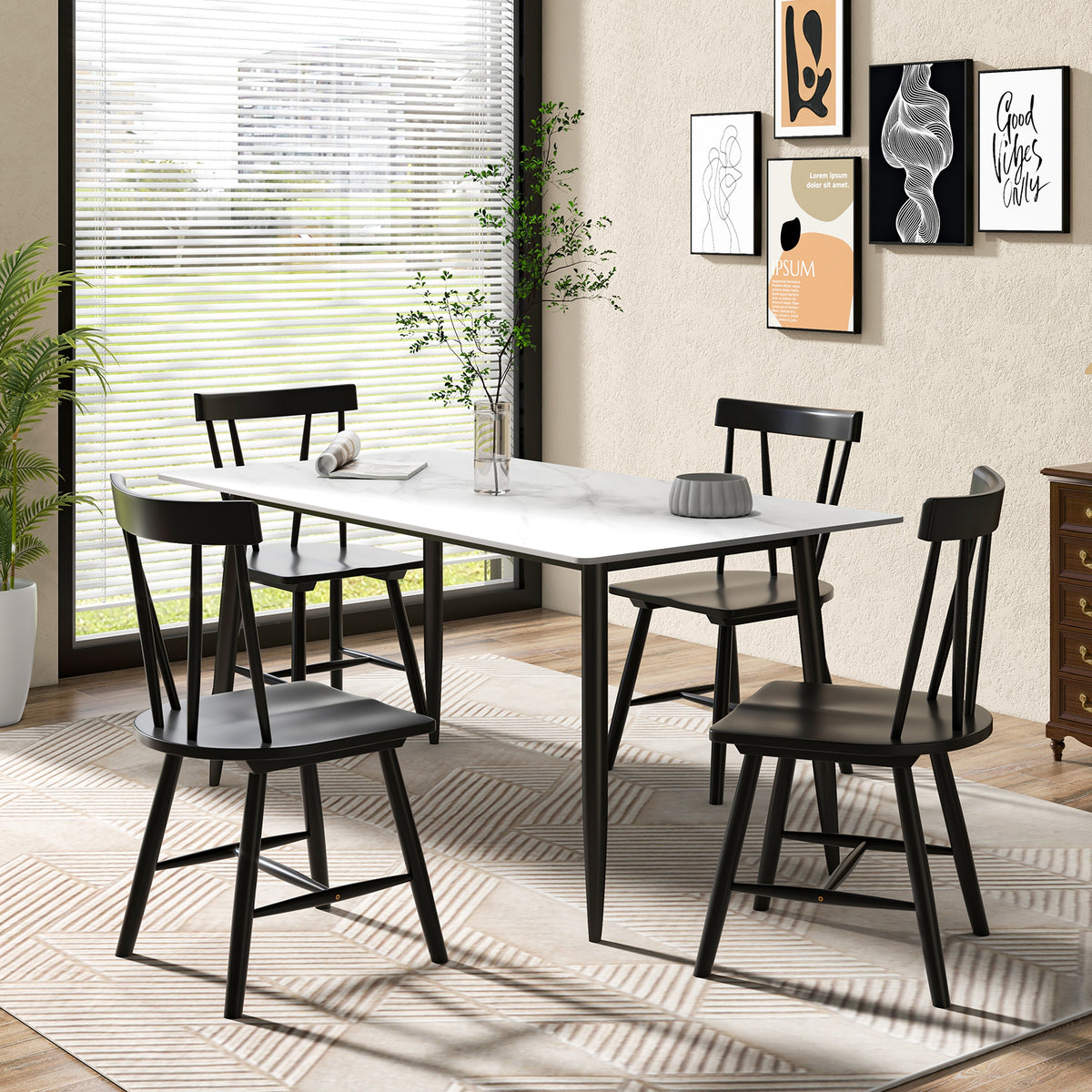 Armless Chair with Solid Rubber Wood Frame, Black