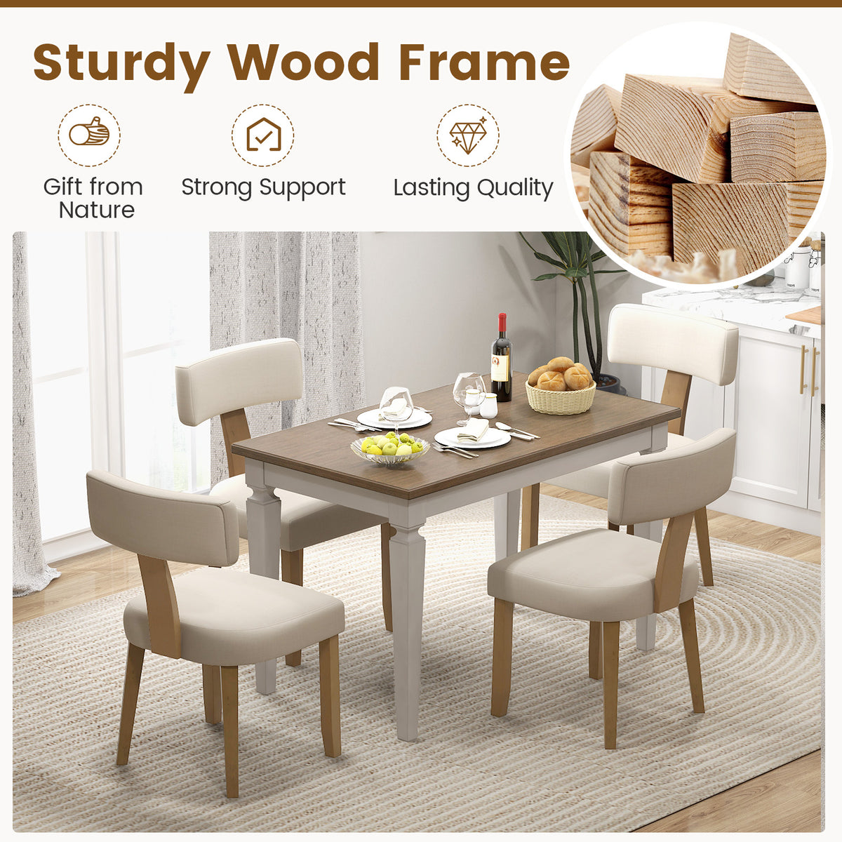 Dining Chairs Set of 2, Padded Backrest, Beige