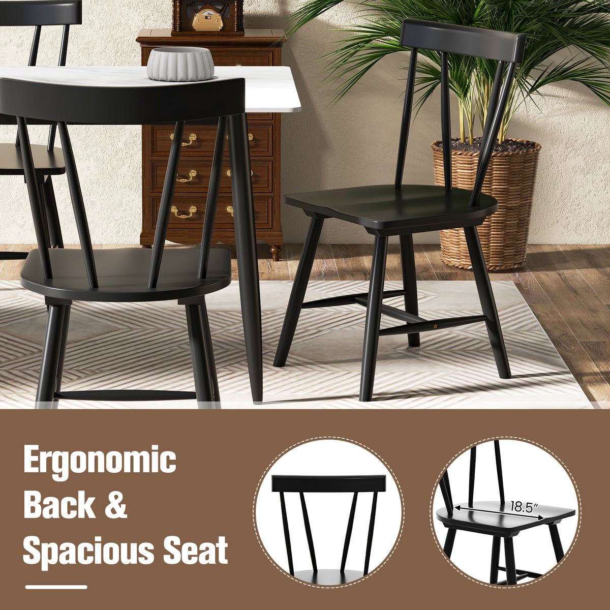 Armless Chair with Solid Rubber Wood Frame, Black