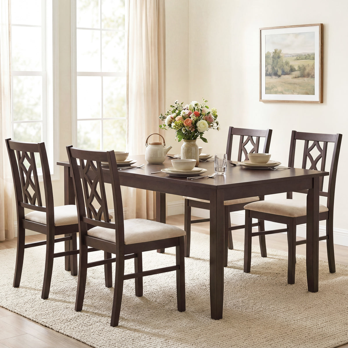 Dining Chairs Set of 2 - Rubber Wood with Hollowed Backrest, Black-Walnut