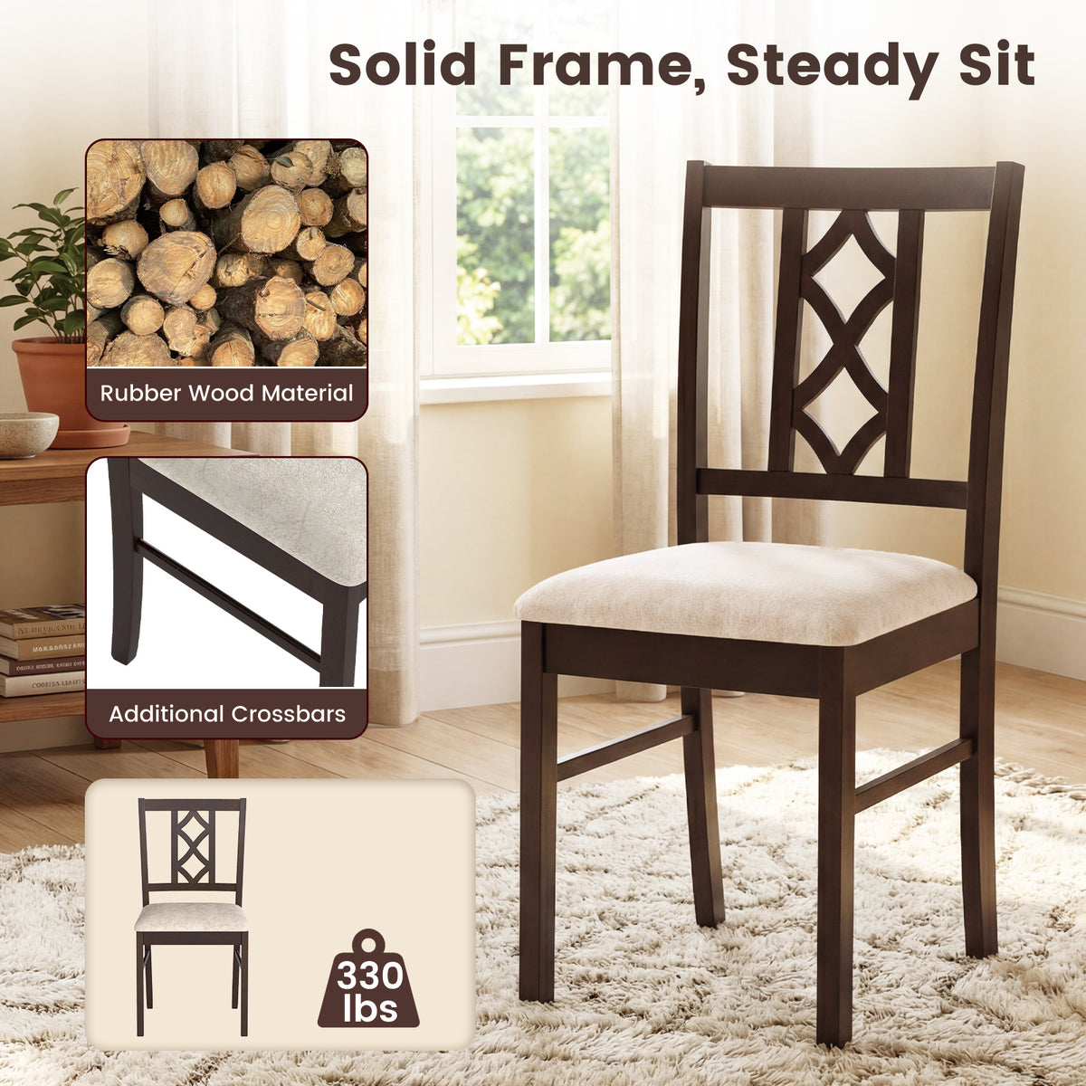 Dining Chairs Set of 2 - Rubber Wood with Hollowed Backrest, Black-Walnut