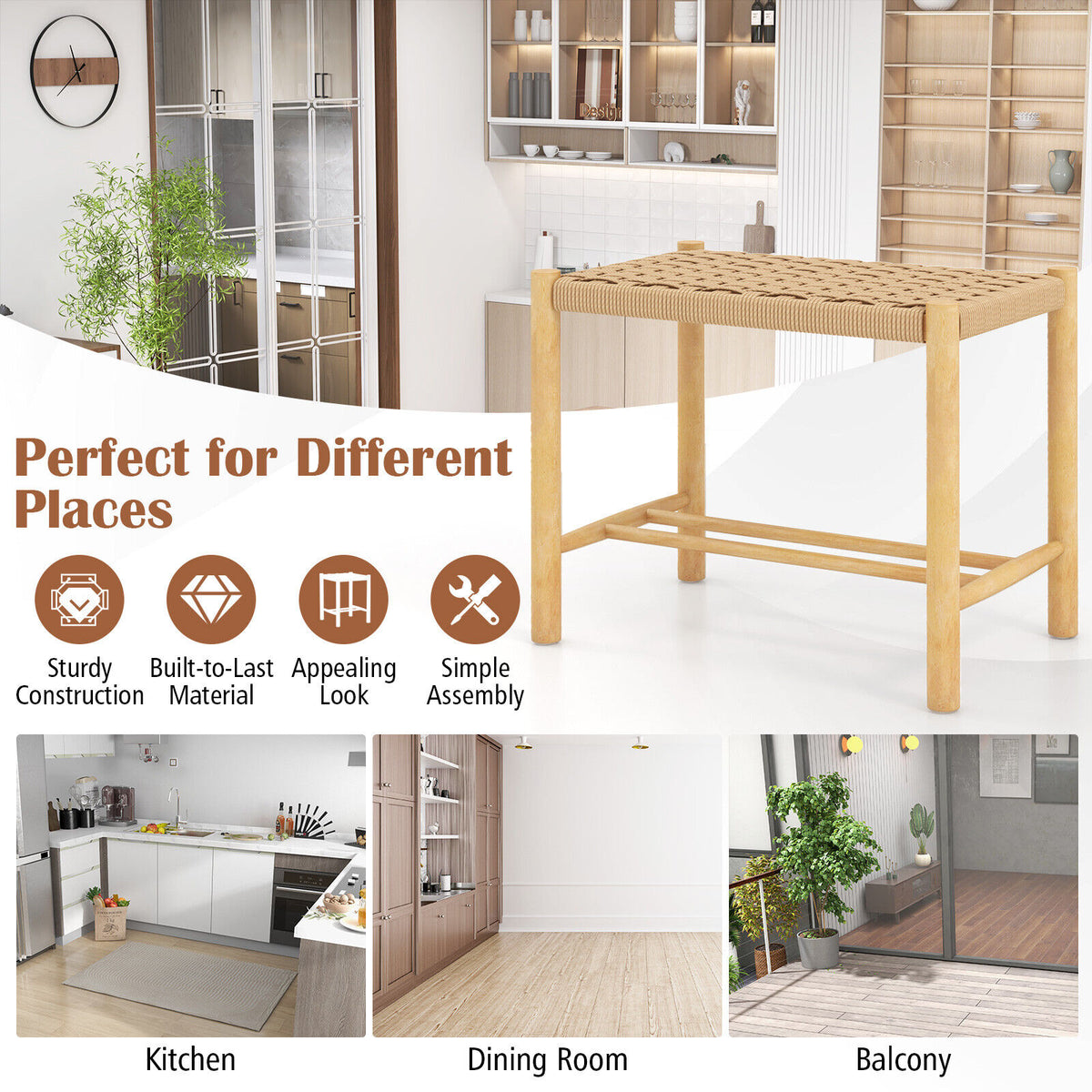 18 Inch Dining Stool Set of 2 - Natural, 22" x 14" x 18"