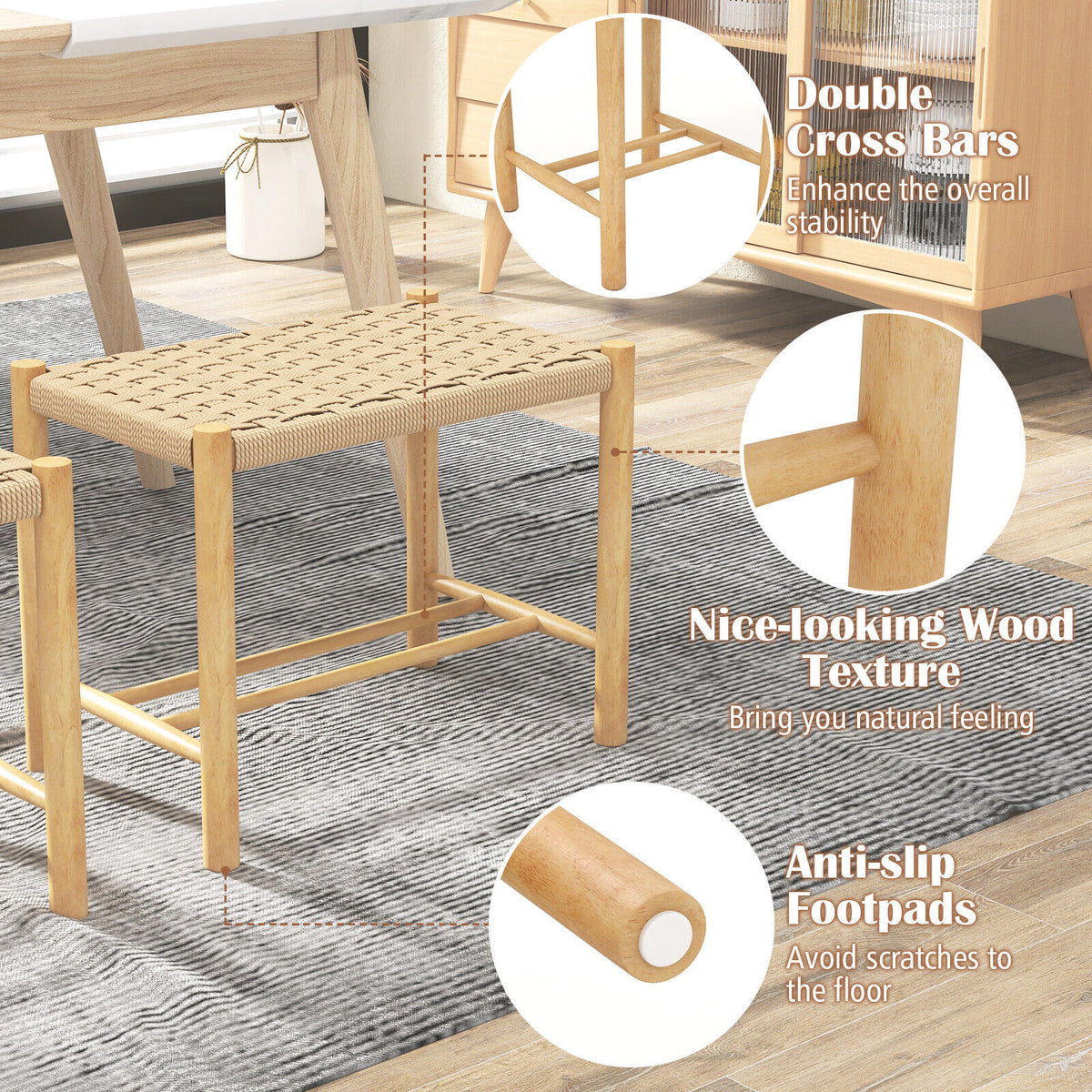 18 Inch Dining Stool Set of 2 - Natural, 22" x 14" x 18"
