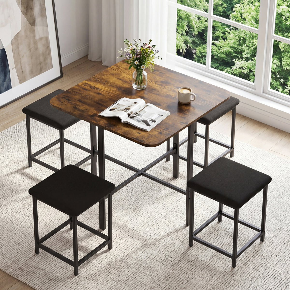 Dining Table Set with 4 Upholstered Stools - Rustic Brown