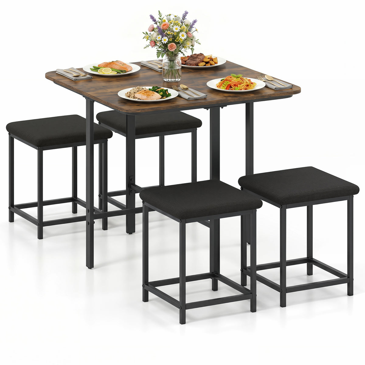 Dining Table Set with 4 Upholstered Stools - Rustic Brown