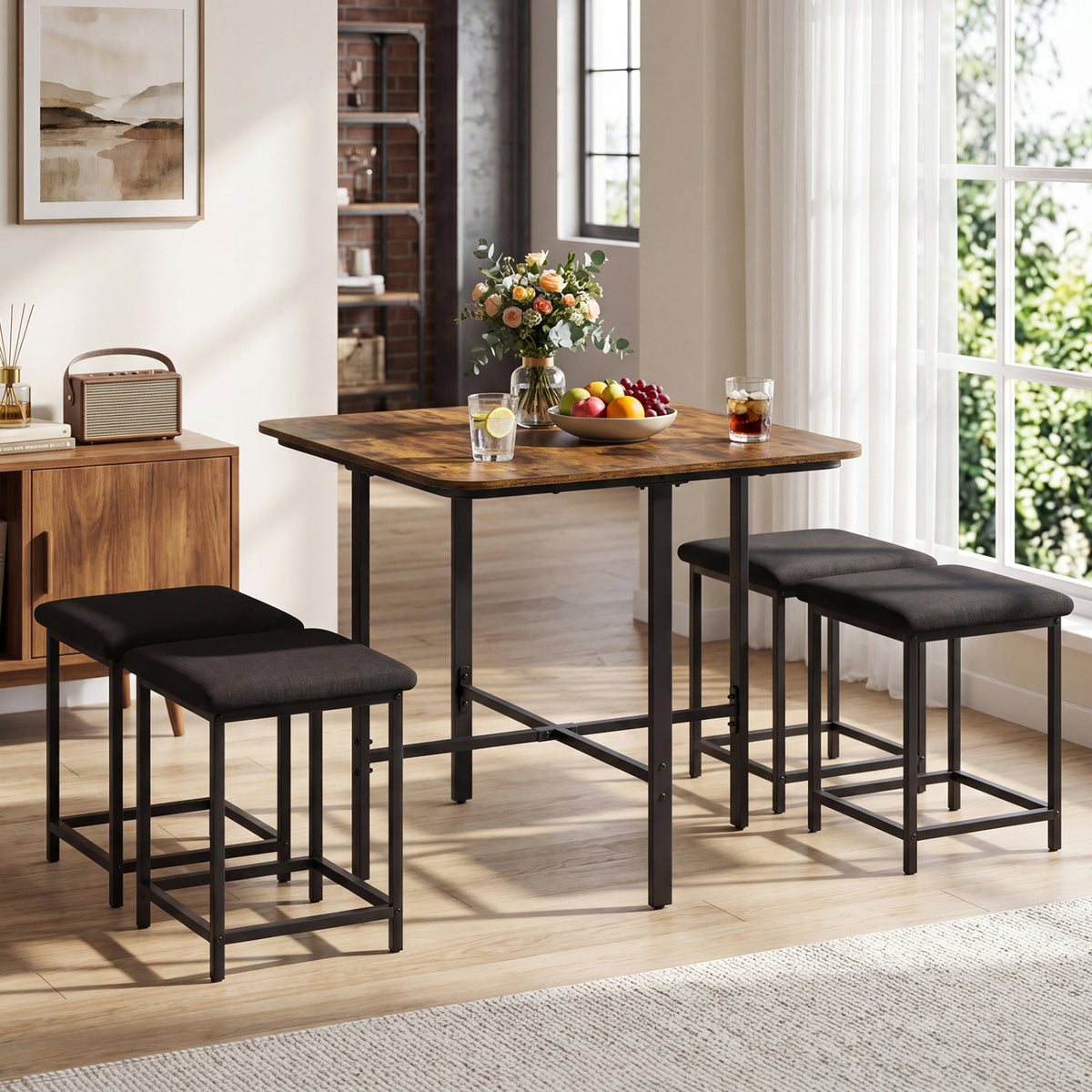 Dining Table Set with 4 Upholstered Stools - Rustic Brown
