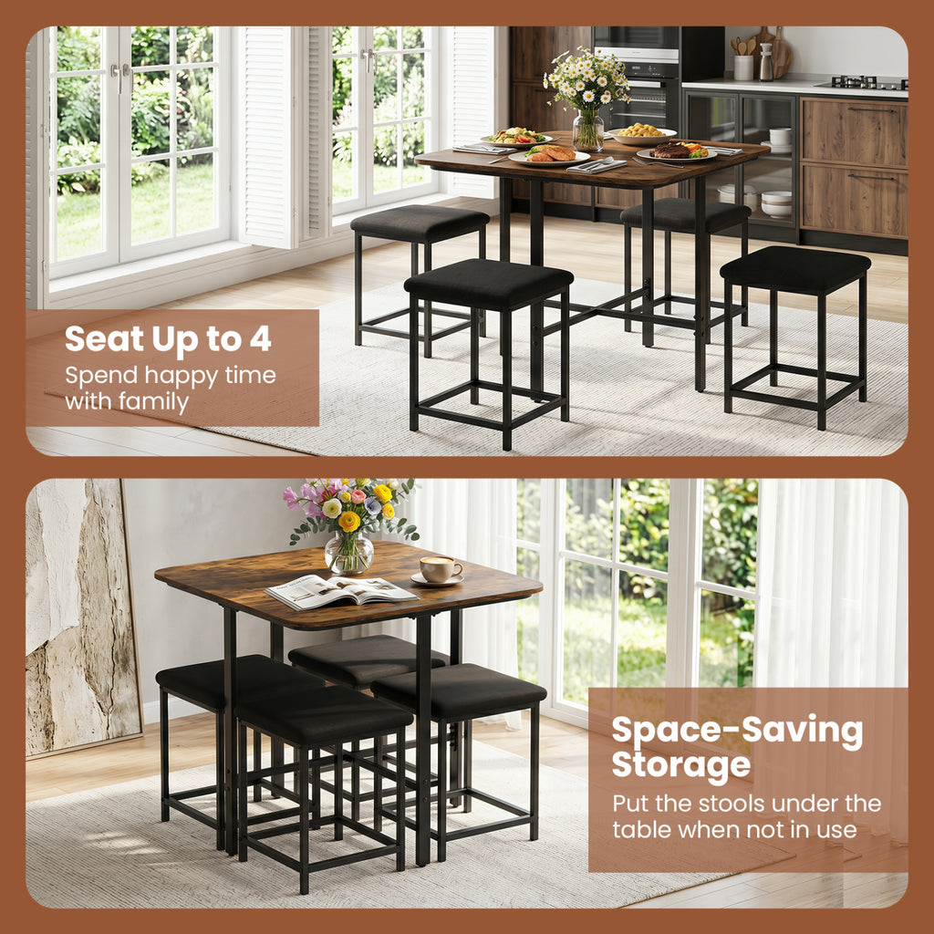 Dining Table Set with 4 Upholstered Stools - Rustic Brown