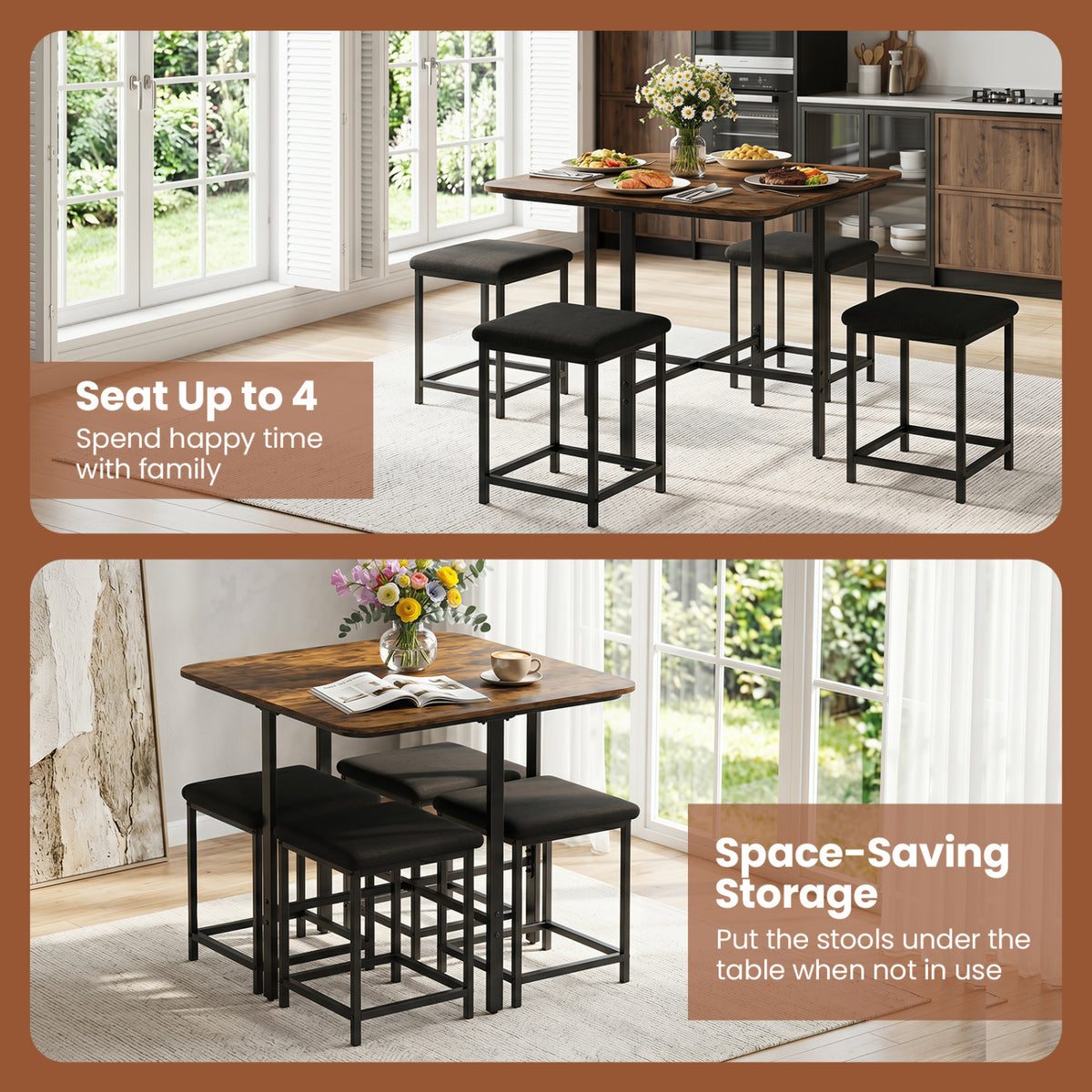Dining Table Set with 4 Upholstered Stools - Rustic Brown