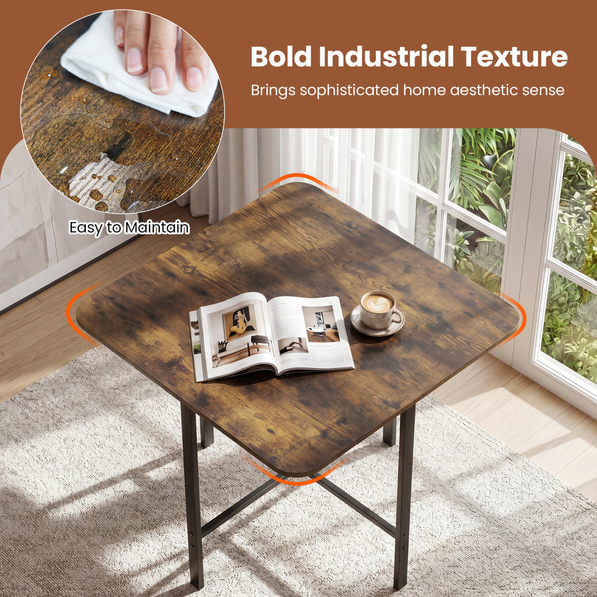 Dining Table Set with 4 Upholstered Stools - Rustic Brown