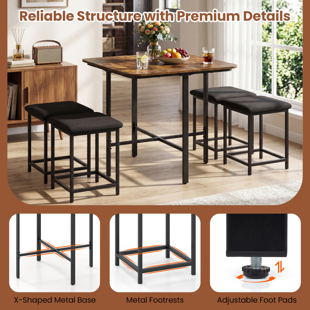 Dining Table Set with 4 Upholstered Stools - Rustic Brown