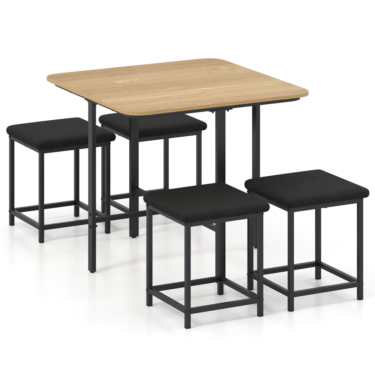 Dining Table Set with 4 Upholstered Stools - Rustic Brown