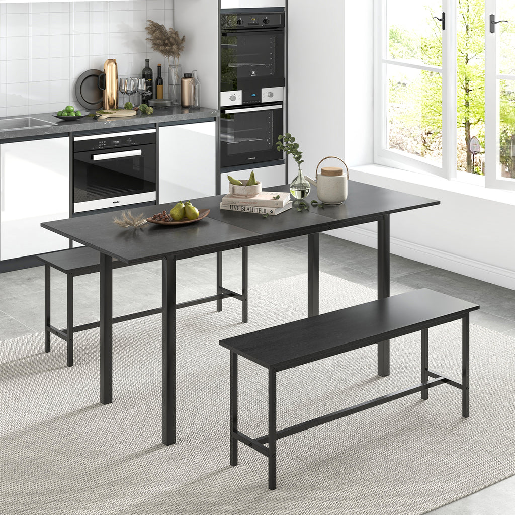 3-Piece Dining Table Set for 4-6 with Benches - Black