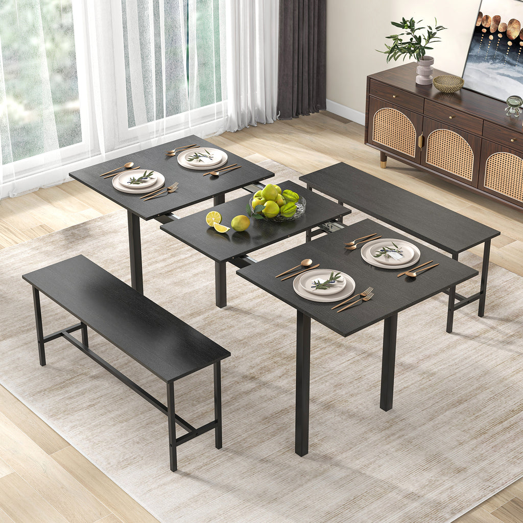 3-Piece Dining Table Set for 4-6 with Benches - Black