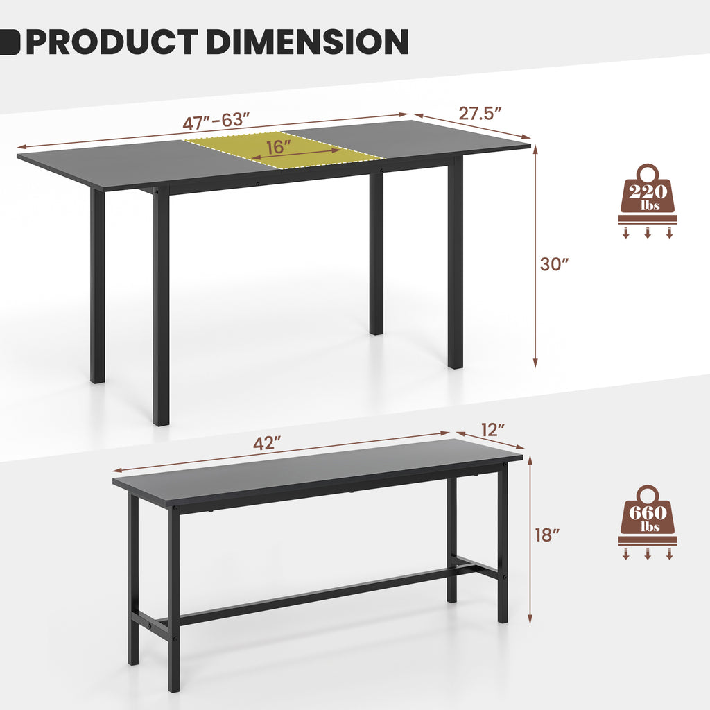 3-Piece Dining Table Set for 4-6 with Benches - Black