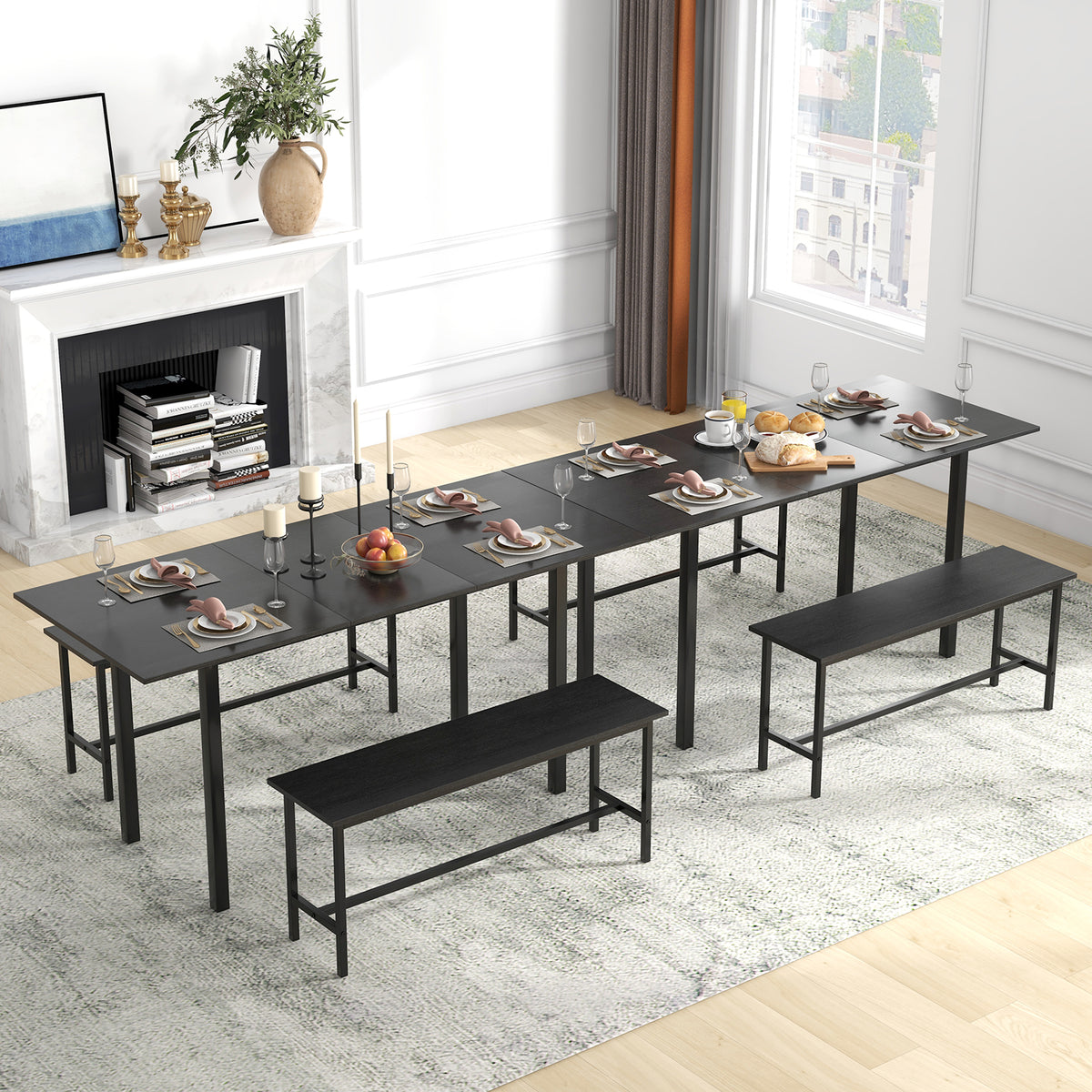 3-Piece Dining Table Set for 4-6 with Benches - Black