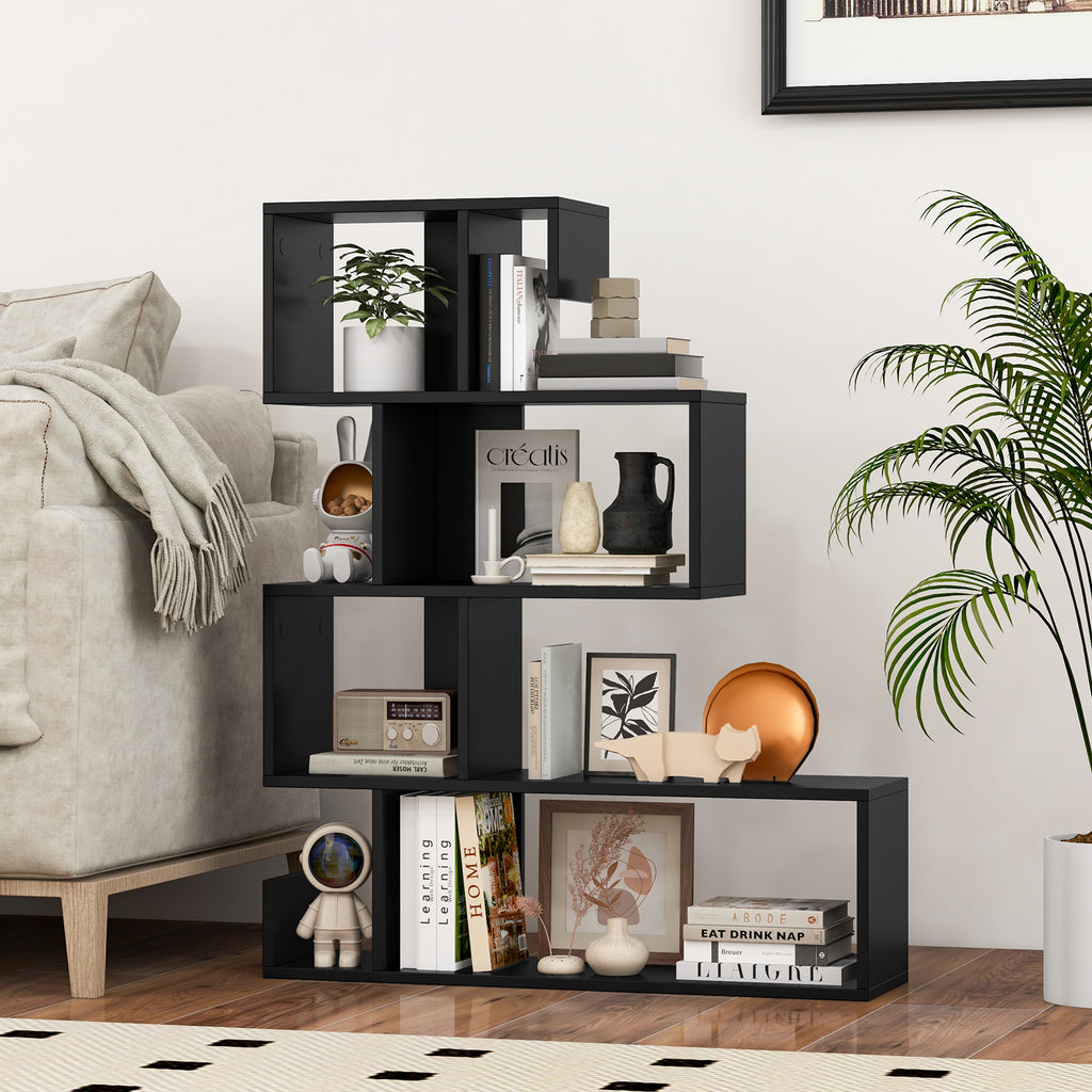 S-Shaped Bookshelf with Open Cubes - Black