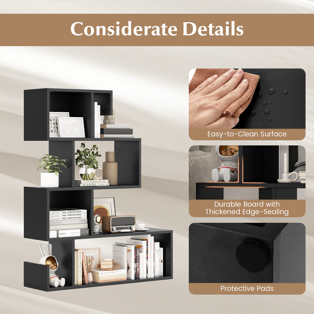 S-Shaped Bookshelf with Open Cubes - Black