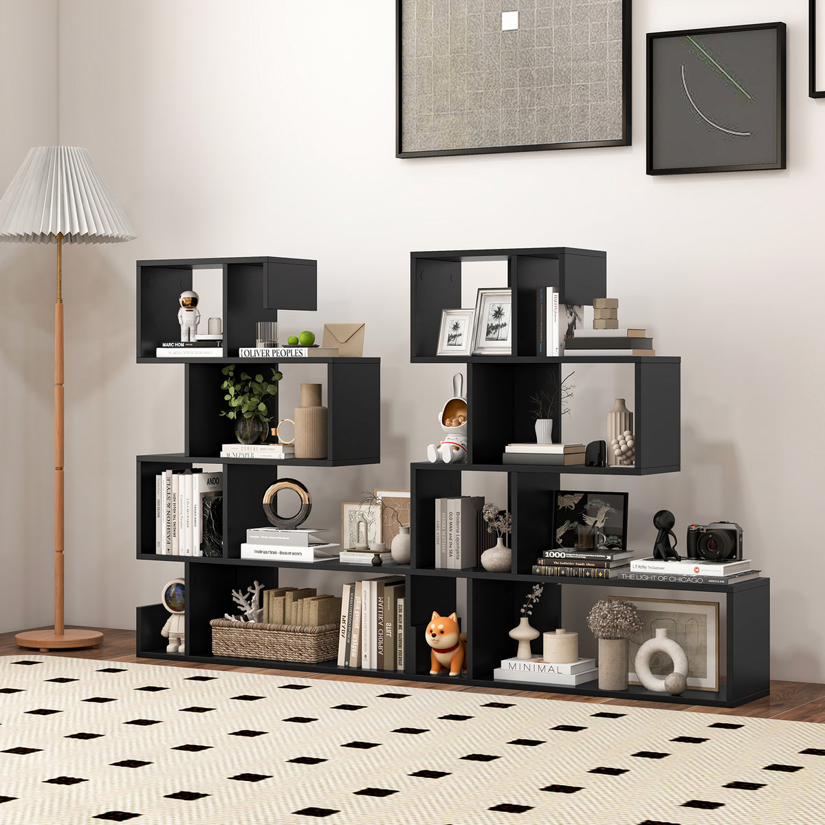 S-Shaped Bookshelf with Open Cubes - Black