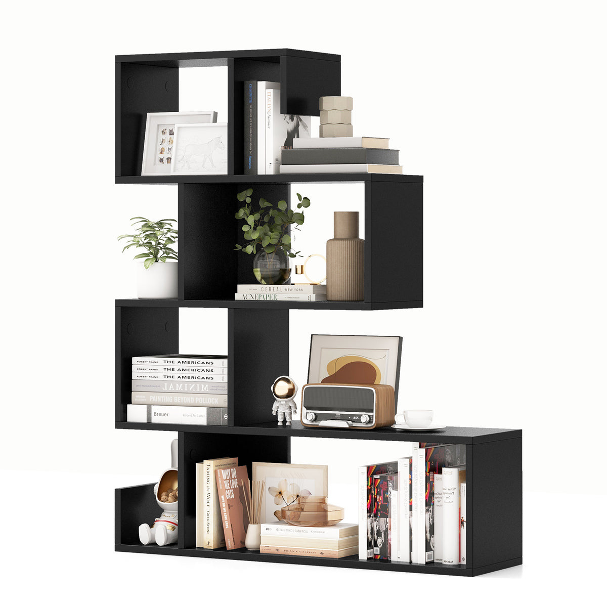 S-Shaped Bookshelf with Open Cubes, Black
