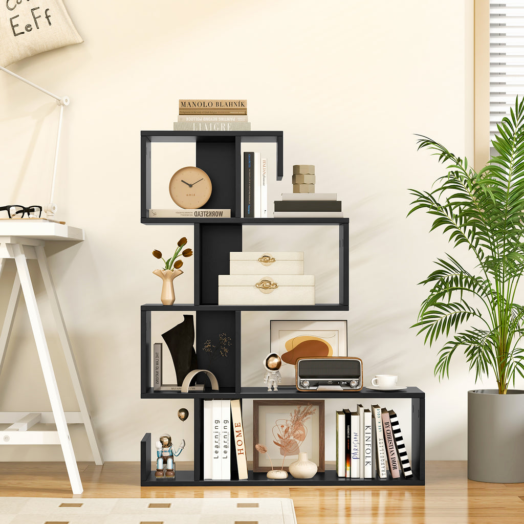 S-Shaped Bookshelf with Open Cubes - Black